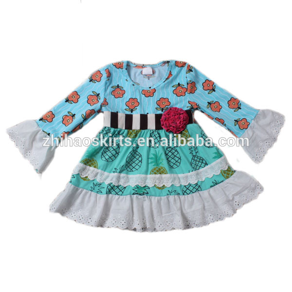 新しいデザインアクア服オレンジ花パイナップルプリントワンピースの女の子パーティードレス-ジュニア服（女）ドレス問屋・仕入れ・卸・卸売り