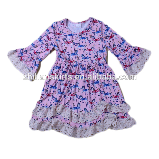 熱い販売3/4スリーブレースフリルプリントカルーセル素敵なニットコットンベビー女の子冬ドレス-ジュニア服（女）ドレス問屋・仕入れ・卸・卸売り