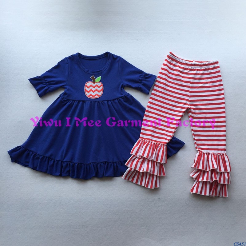 ブティック女の子バック·トゥ·スクール衣装トレンディキッズアップルアップリケ青いドレスでレッドストライプフリルパンツ服セットCS451-キッズ服　セット問屋・仕入れ・卸・卸売り