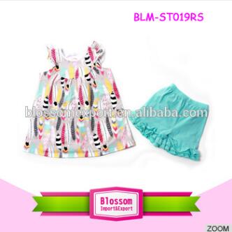 2016熱い販売秋冬羽矢印プリントマッチングミントアイシングショーツ女の子ブティック衣装-キッズ服　セット問屋・仕入れ・卸・卸売り