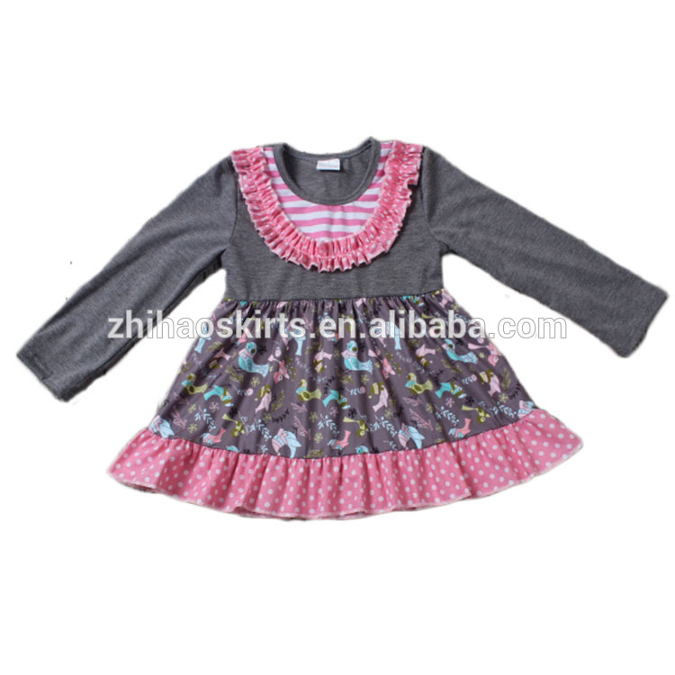ロングスリーブピンクフリルプリントマッチングトレンディブティック綿子供女の子冬のドレス-ジュニア服（女）ドレス問屋・仕入れ・卸・卸売り