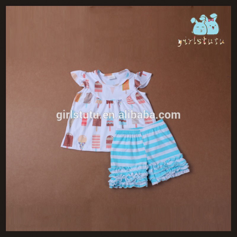 2016ブティック女の子扮卸売2ピース子供コットン服フラッタースリーブトップとフリルショーツ-キッズ服　セット問屋・仕入れ・卸・卸売り