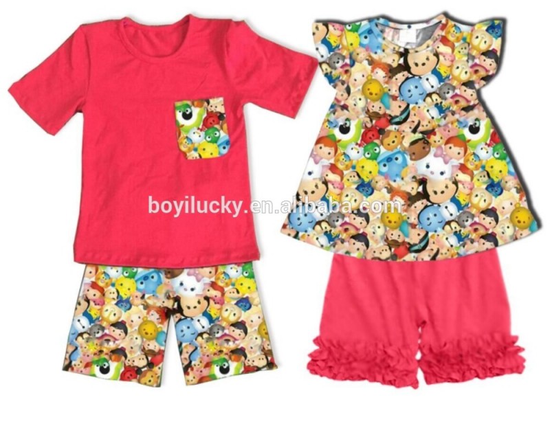 2016熱い販売リメイクブティックマッチング衣装兄弟姉妹衣装男の子シャツ真珠女の子プリントドレス有機ニット綿-キッズ服　セット問屋・仕入れ・卸・卸売り