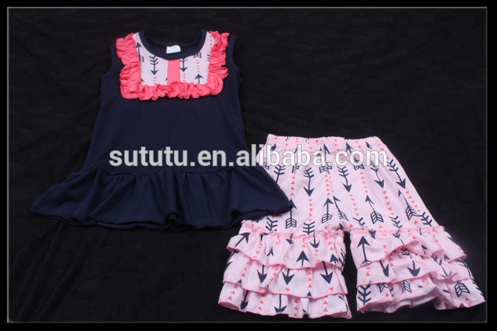 ノースリーブトップス矢印パターンフリルショーツセット女の子ブティック夏2016 smockedベビー衣装子供服オンライン-キッズ服　セット問屋・仕入れ・卸・卸売り