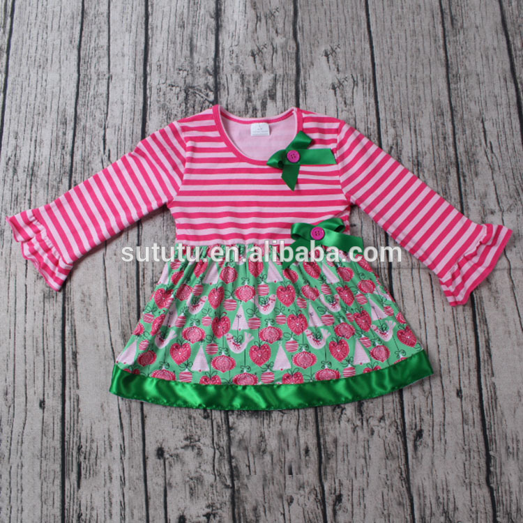 スー幸運赤でピンクストライプドレスと持って二つbowknots最新キッズパーティー服ドレスのための女の子-ジュニア服（女）ドレス問屋・仕入れ・卸・卸売り