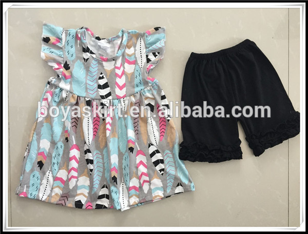 人気アメリカ赤ちゃん向き衣装羽生地フラッタードレスマッチング黒アイシングショーツ服セット羽夏衣装-キッズ服　セット問屋・仕入れ・卸・卸売り