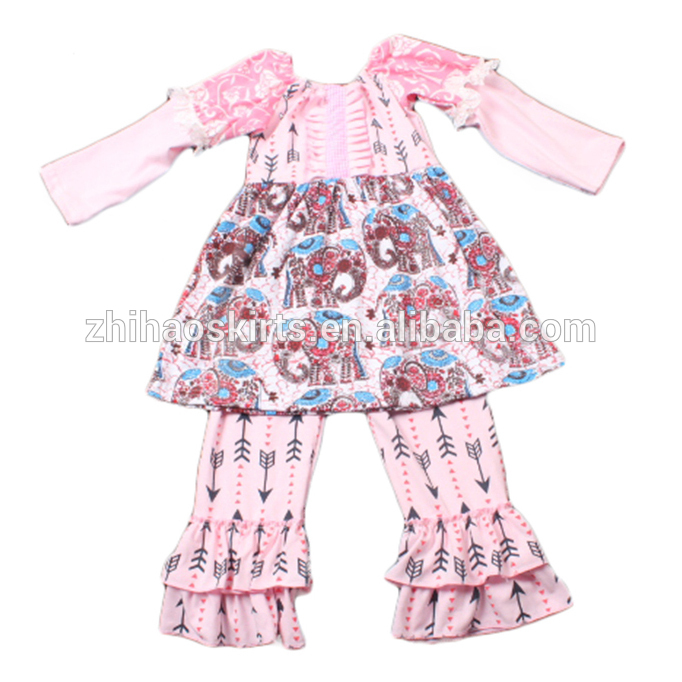 義烏工場卸売かわいいピンクの象プリント狭いフリルパンツニット綿トップブランド冬服-キッズ服　セット問屋・仕入れ・卸・卸売り