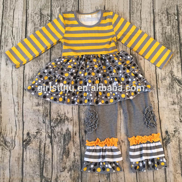 2016熱い販売の子供の秋ブティック服セットストライプと水玉プリントフリル女の子扮2ピース子供ブティックセット-キッズ服　セット問屋・仕入れ・卸・卸売り