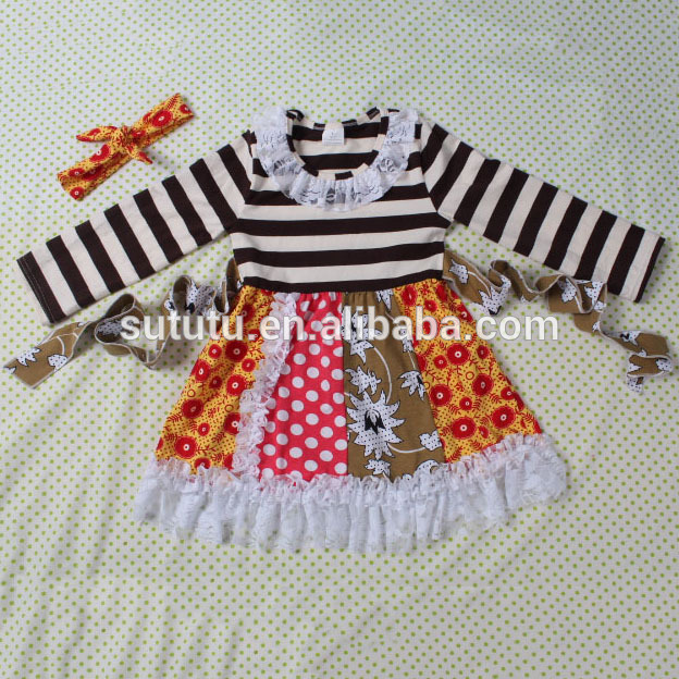 新しいスタイルの女の子のドレス黒でホワイトストライプドレスとジョイント花でレース卸売子供服-ジュニア服（女）ドレス問屋・仕入れ・卸・卸売り