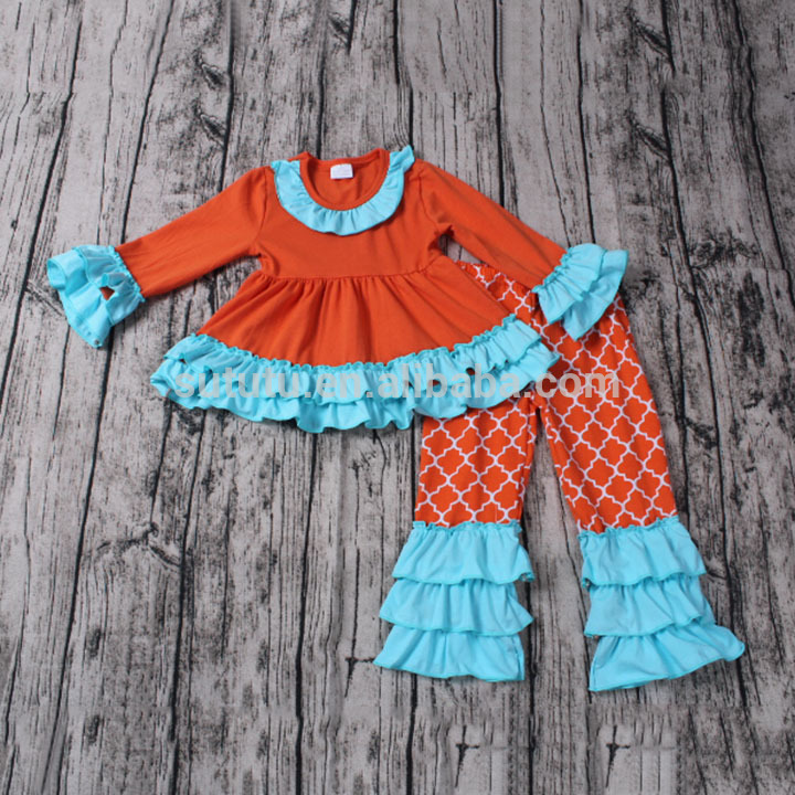2016義烏yawooオレンジとブルーレースconice子供衣装安い女の赤ちゃん服セット-キッズ服　セット問屋・仕入れ・卸・卸売り