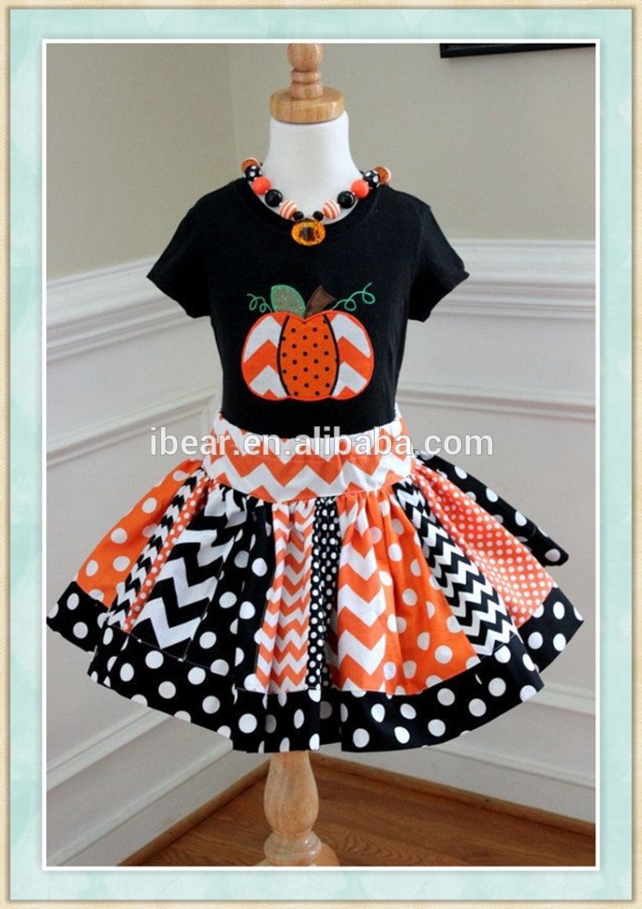 ハロウィンカボチャの衣装子供服卸売ブティック衣類女の子oネックカボチャトップとハロウィンポルカドット衣装-キッズ服　セット問屋・仕入れ・卸・卸売り