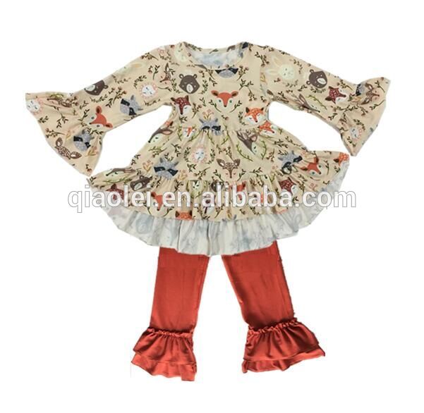 ヴィンテージドレス服ベビー女の子フリル袖フォックスチュニックトップ付きフリルパンツセット-キッズ服　セット問屋・仕入れ・卸・卸売り