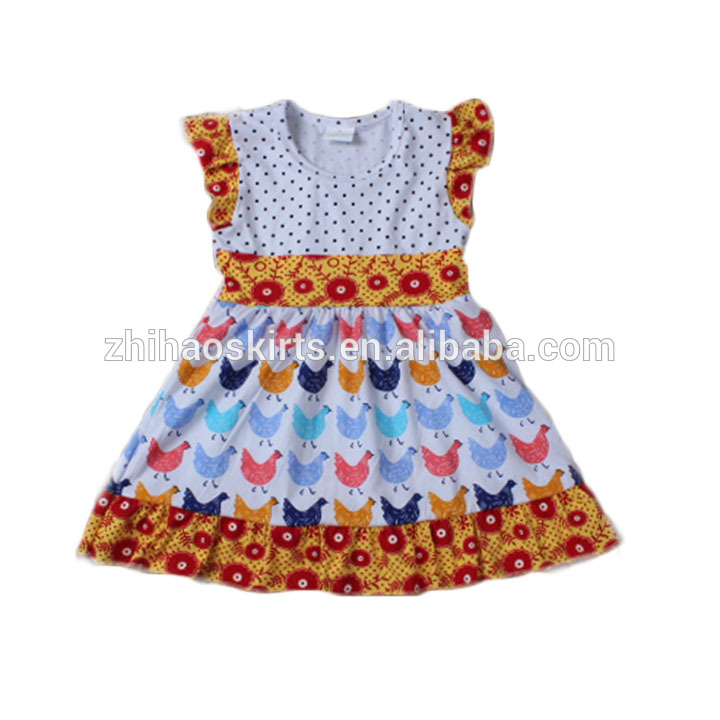 夏のフラッタースリーブかわいいチキンプリントニット綿弾性カジュアル女の赤ちゃんのドレス-ジュニア服（女）ドレス問屋・仕入れ・卸・卸売り