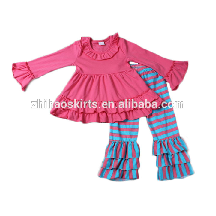 熱い冬服赤トップでマッチングストライプフリルパンツセット子供服メーカー中国-キッズ服　セット問屋・仕入れ・卸・卸売り
