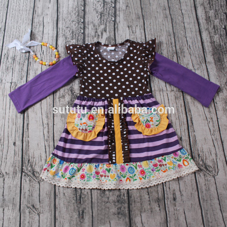 素敵な女の子コットンドレス紫色のドレスと持っている二つポケットsoftextile赤ちゃん女の子ドレスベルベット-ジュニア服（女）ドレス問屋・仕入れ・卸・卸売り