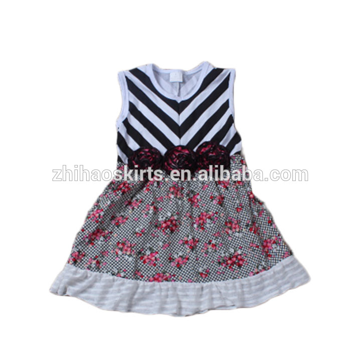 高品質ブラックストライプトップフローラルプリントスカートニット綿最新のドレスのパターン-ジュニア服（女）ドレス問屋・仕入れ・卸・卸売り