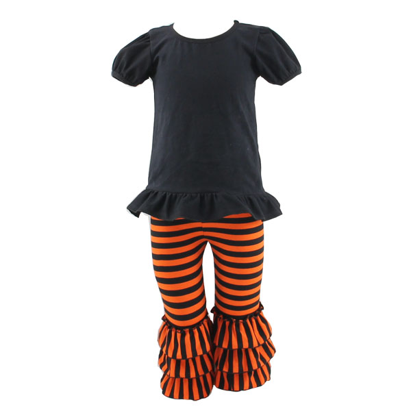 2016新しい半袖ハロウィン服黒フリルシャツオレンジストライプのパンツ卸売安いハロウィン衣装女の子のため-キッズ服　セット問屋・仕入れ・卸・卸売り