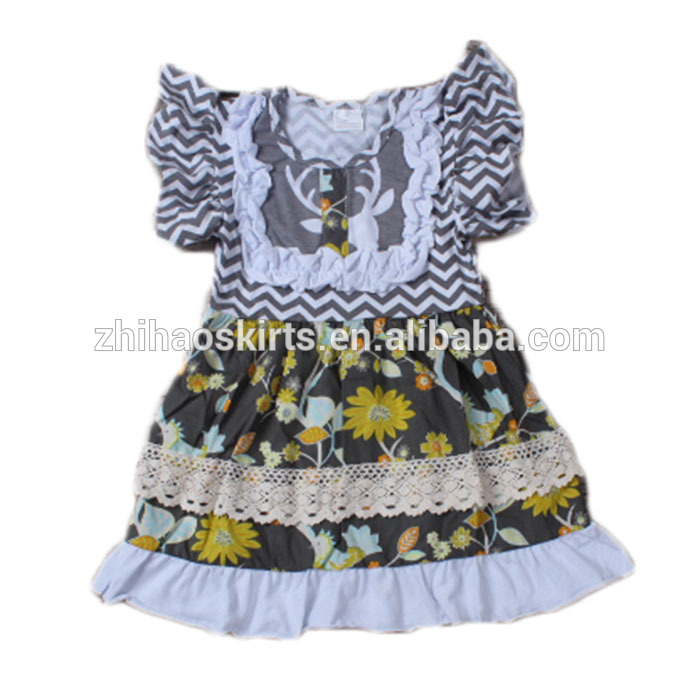 グレー狭シェブロンかわいいビブレースフリルファッションリトル女の子綿夏ドレス-ジュニア服（女）ドレス問屋・仕入れ・卸・卸売り