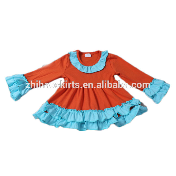 高品質カスタム色オレンジとアクアフリル女の赤ちゃんコットンドレス-ジュニア服（女）ドレス問屋・仕入れ・卸・卸売り