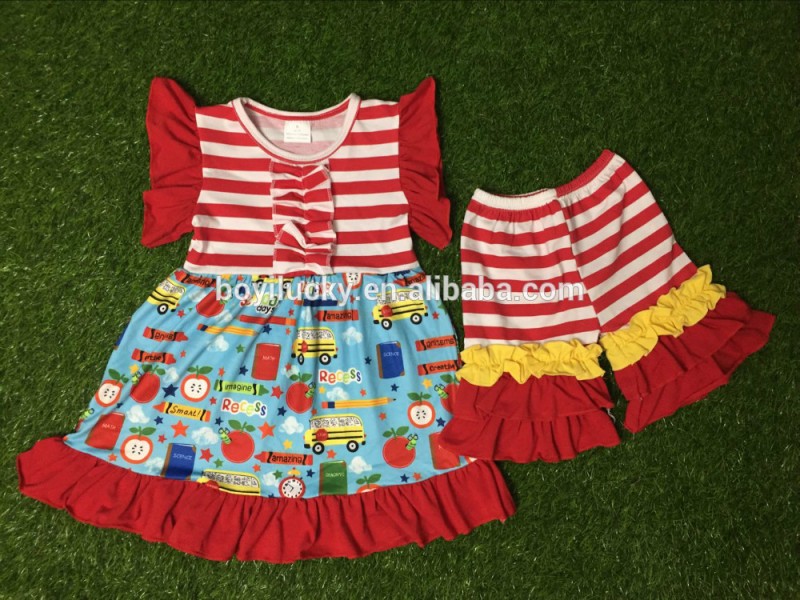 義烏博奕学校に戻って深刻な赤いストライプドレスと赤いストライプパンツ-キッズ服　セット問屋・仕入れ・卸・卸売り
