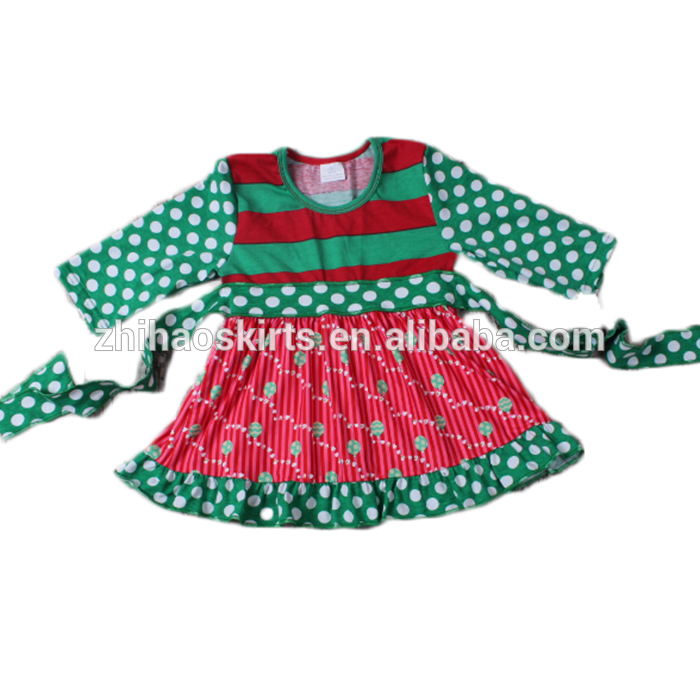スーパーかわいいニット綿柔らかい女の子緑赤ストライプchrismasの冬ロングスリーブカスタムベビードレス新しいスタイル-ジュニア服（女）ドレス問屋・仕入れ・卸・卸売り