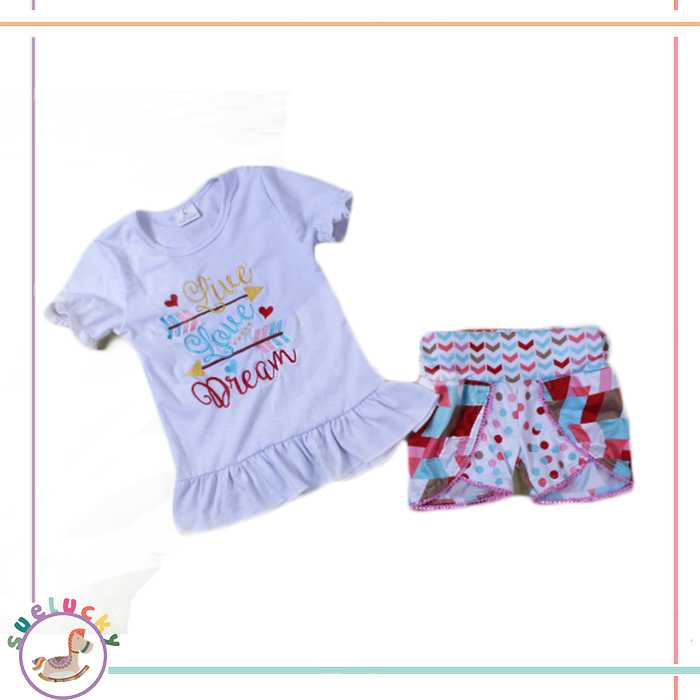 フリルボトム愛羽矢印パターンショートtシャツとシェブロンショーツバルク安い中国子供インド服卸売-キッズ服　セット問屋・仕入れ・卸・卸売り
