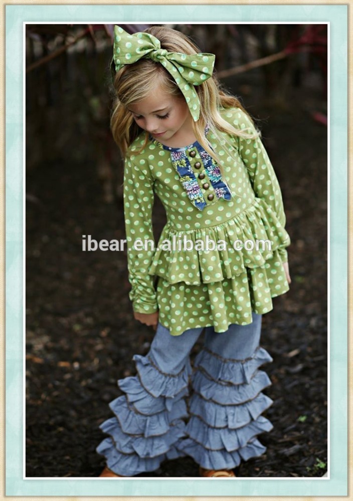 ブティック女の子服こうるさいリメイク秋衣装ポルカドットトップ&デニムトリプルフリルパンツセット-キッズ服　セット問屋・仕入れ・卸・卸売り