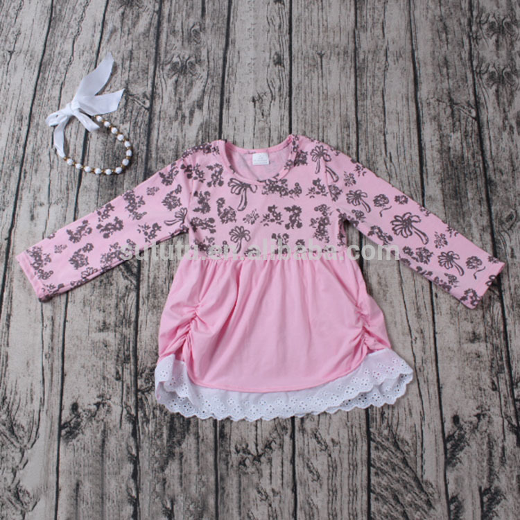 ピンクホワイトレースロングフリル袖花パーティーフロックデザイン女の赤ちゃん-ジュニア服（女）ドレス問屋・仕入れ・卸・卸売り
