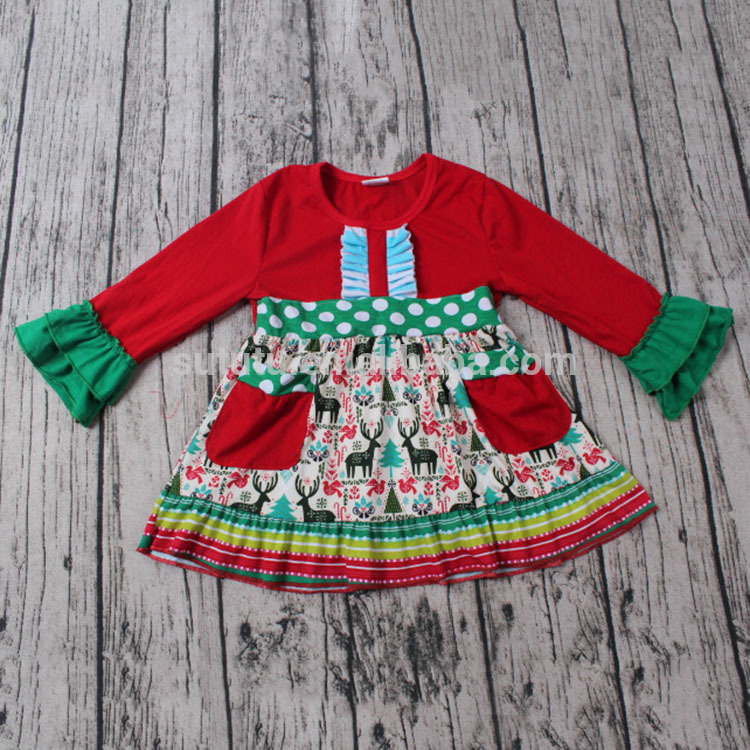 Chrismasのツリー秋スリーブ花フリルリメイク子供frocksデザイン誕生日ドレス女の子のための7歳-ジュニア服（女）ドレス問屋・仕入れ・卸・卸売り
