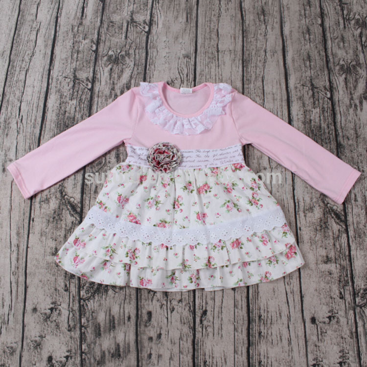 ピンク袖花フリル子供frocksデザイン子供の秋ブティック服-ジュニア服（女）ドレス問屋・仕入れ・卸・卸売り