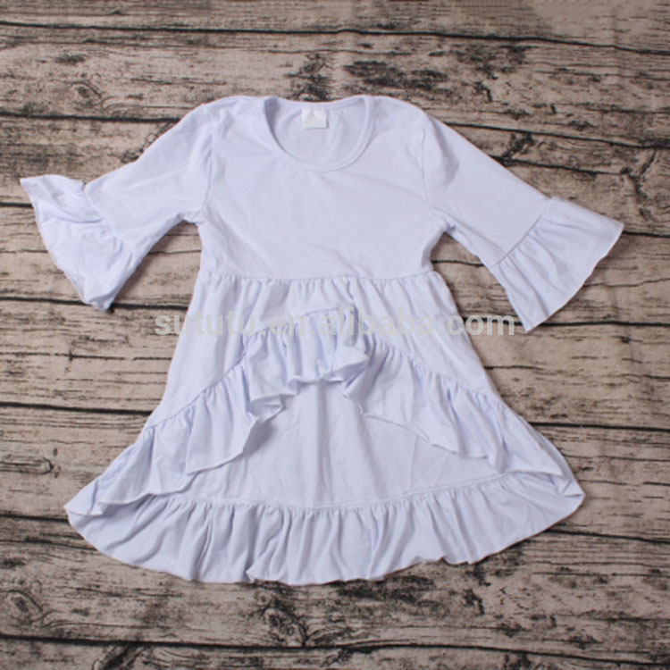 白い花フリル3/4袖子供デザイン短いフロントと長いバックスカート-ジュニア服（女）ドレス問屋・仕入れ・卸・卸売り