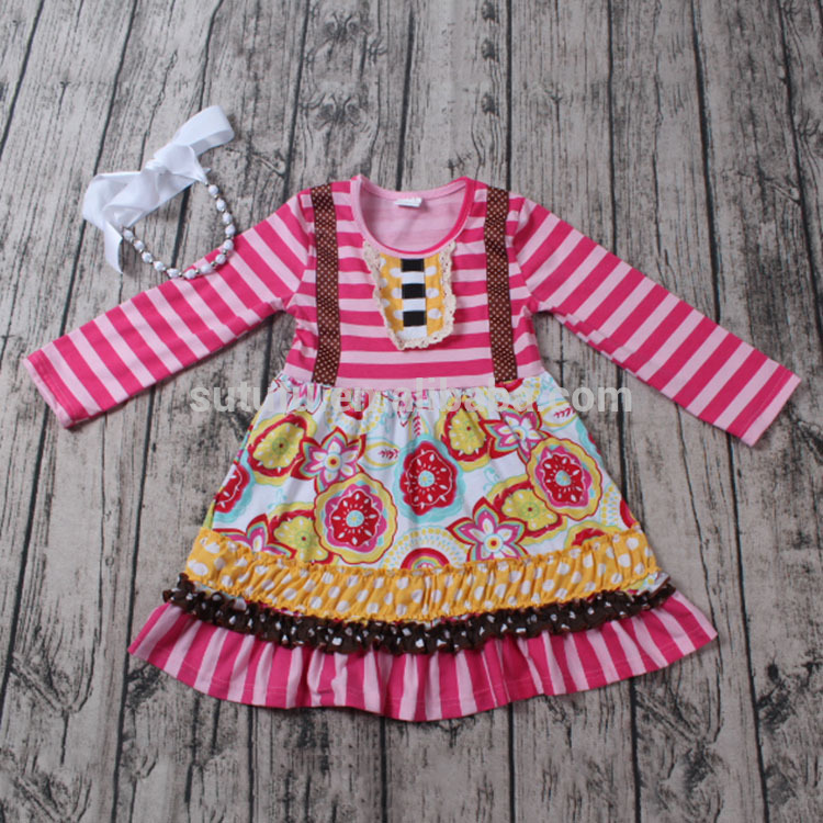 ピンクアステカストライプ花コットンロングスリーブフリルよだれかけ甘い秋ブティック女の子服-ジュニア服（女）ドレス問屋・仕入れ・卸・卸売り