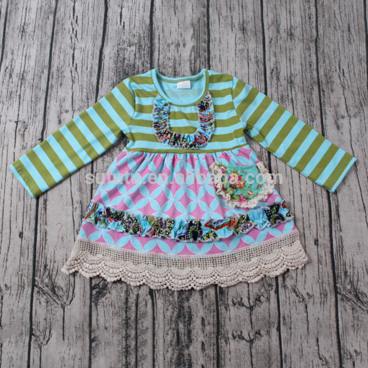 グリーンアステカストライプ花コットンレースロングスリーブフリルよだれかけ服女の子コットンベビーフロックデザイン-ジュニア服（女）ドレス問屋・仕入れ・卸・卸売り