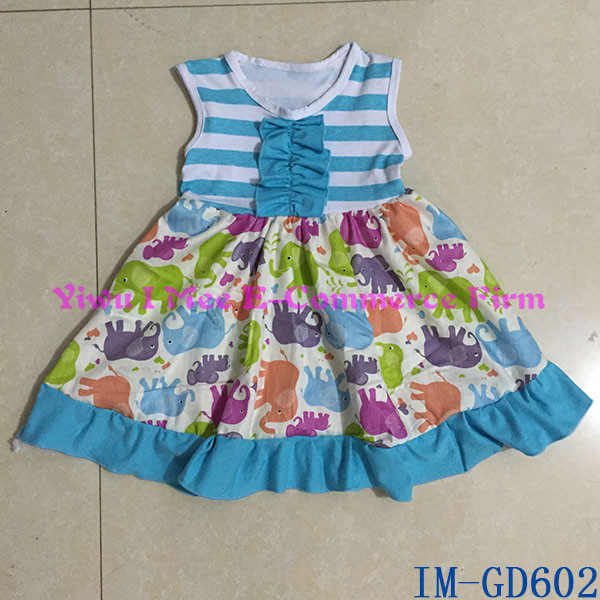 ファッション快適な子供服ブティック幼児の女の子の子供の綿の夏のドレスの象プリントim-gd602frocks設計-ジュニア服（女）ドレス問屋・仕入れ・卸・卸売り