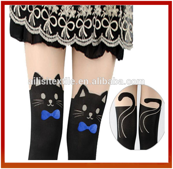 ファッション印刷のタトゥーデザインの猫の靴下のストッキング/かわいい猫のパターンセクシーな若い女の子のファッションプリントパンティーストッキング-パンティーストッキング/タイツ問屋・仕入れ・卸・卸売り