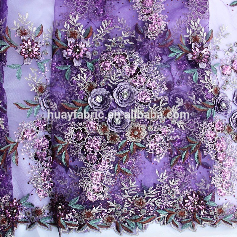 2016ファッション紫手作りの花ビーズ刺繍ブライダルレース生地で石FB0058-レース問屋・仕入れ・卸・卸売り