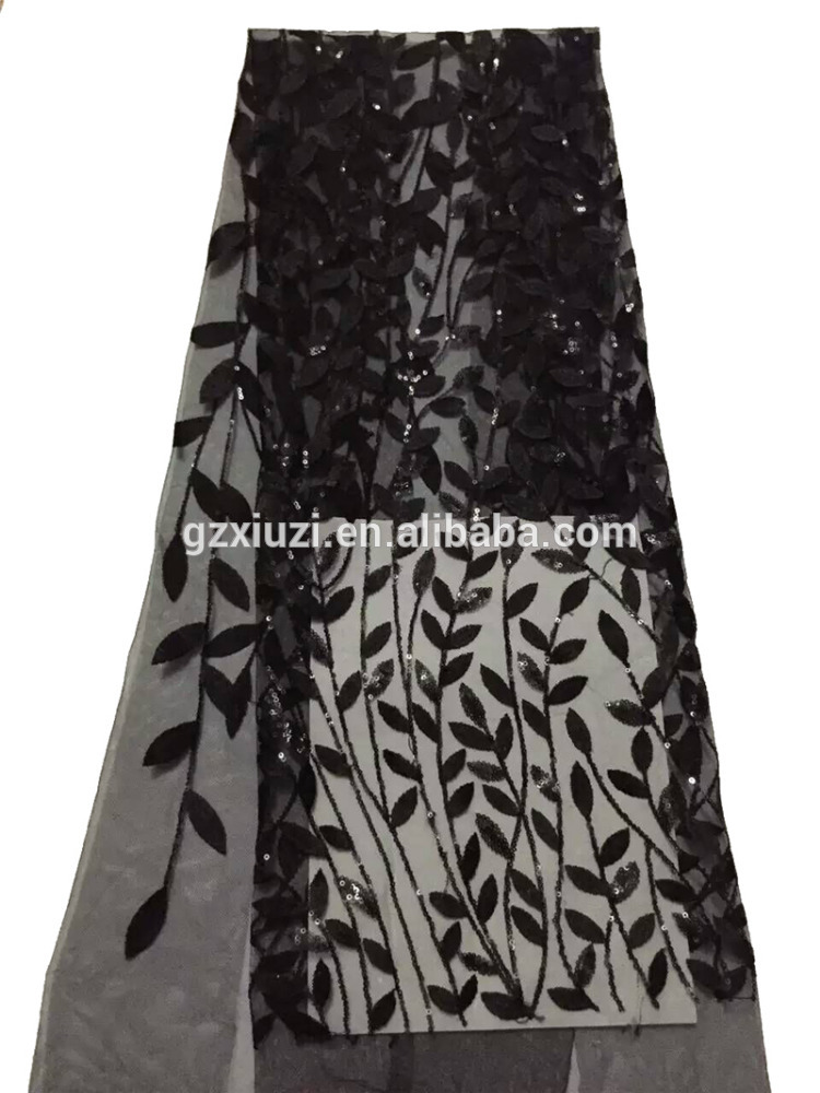 ブラックリーフデザインフレンチレースメッシュ生地でスパンコール、花嫁柄embrodieryレースナイジェリア生地卸売XZ118730c-1-レース問屋・仕入れ・卸・卸売り