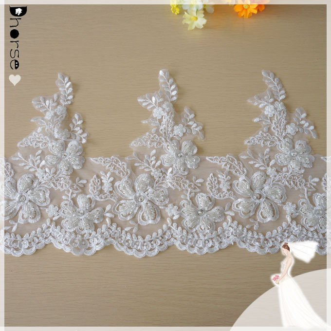DHBL1795〜プリティオーガンザ刺繍入りスカラップボーダーホワイト総模様レースブライダル-レース問屋・仕入れ・卸・卸売り