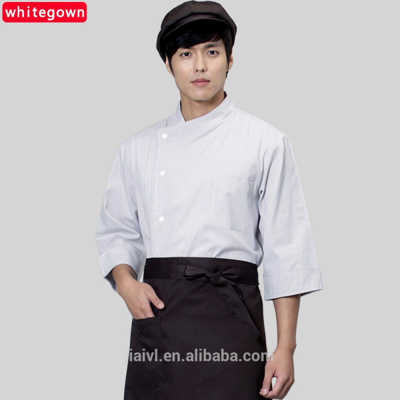 高品質100%コットンホテル/レストランシェフコートストライプ3/4スリーブ-ホテル従業員制服問屋・仕入れ・卸・卸売り