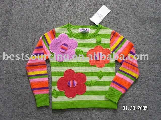 女の子の子供のセーターの子どもたちストライプニットウェア乳児と幼児のかぎ針編みが付いている葉bs-301アップリケプルオーバー-ベビーセーター問屋・仕入れ・卸・卸売り