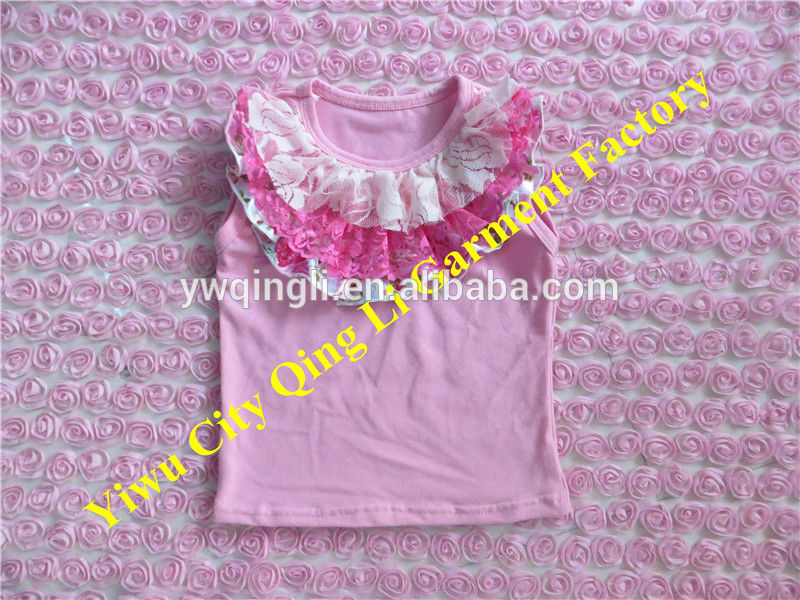 赤ちゃんの夏は身に着けている美しい2014年若い女の子ピンクのレースのフリル付き袖なしシャツ首の周りに甘い子供の綿の服-ベビーシャツ、トップス問屋・仕入れ・卸・卸売り