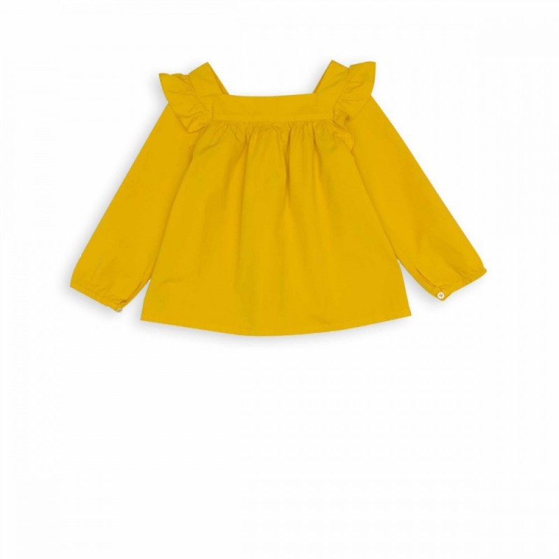保証された品質プレーンポプリンshirtscotton幼児の女の子の長い袖の赤ん坊yokefashionバックボタンが付いているブラウスの女の子のトップス-ベビーシャツ、トップス問屋・仕入れ・卸・卸売り