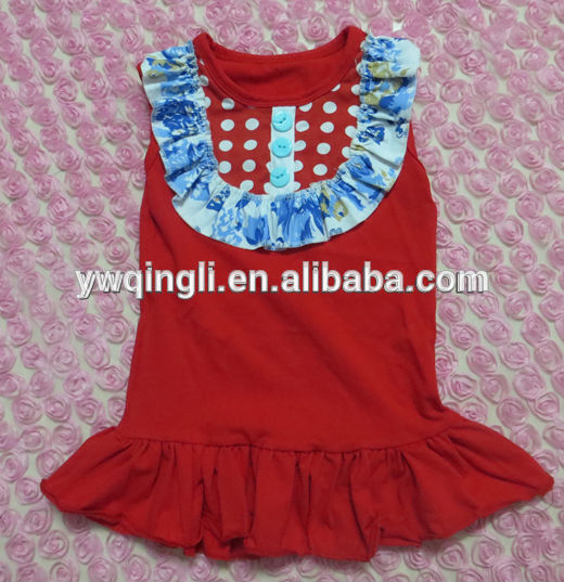 小さな女の子トップデザインスタイリッシュブティックの服子供の幼児の赤ん坊のレッドビブフリル袖なしの綿の夏のためのtシャツ-ベビーシャツ、トップス問屋・仕入れ・卸・卸売り