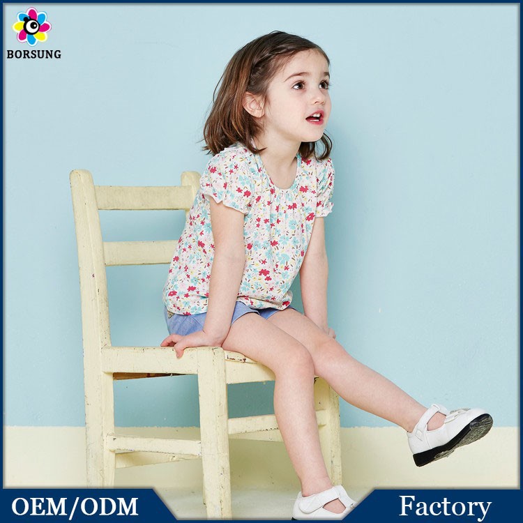ファッション夏の女の子の綿100％tシャツパフスリーブ花の印刷された赤ちゃんフロックの設計-プラスサイズシャツ、ブラウス問屋・仕入れ・卸・卸売り