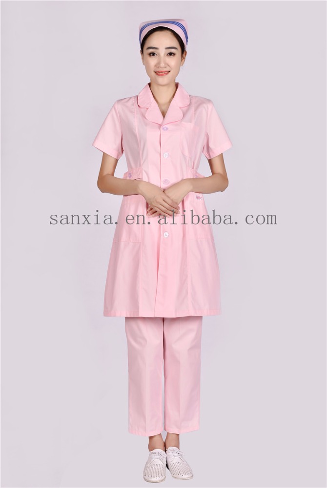 ピンクラペル病院夏制服女性ナース半袖ロングコート-医療スタッフ制服問屋・仕入れ・卸・卸売り