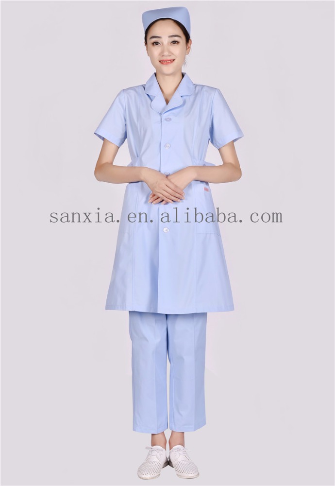Verpleegkundigen hemelsblauw korte mouwニーlengte jas-医療スタッフ制服問屋・仕入れ・卸・卸売り