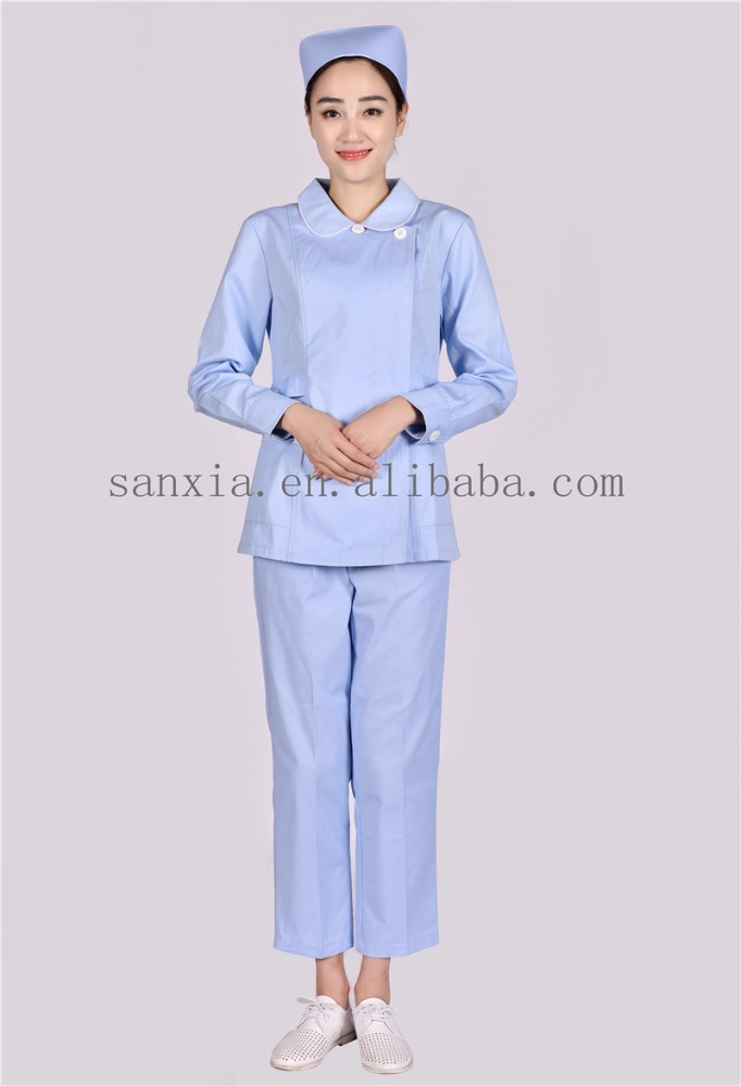 スカイブルーロングスリーブ非対称前立てナースドレススーツ-医療スタッフ制服問屋・仕入れ・卸・卸売り