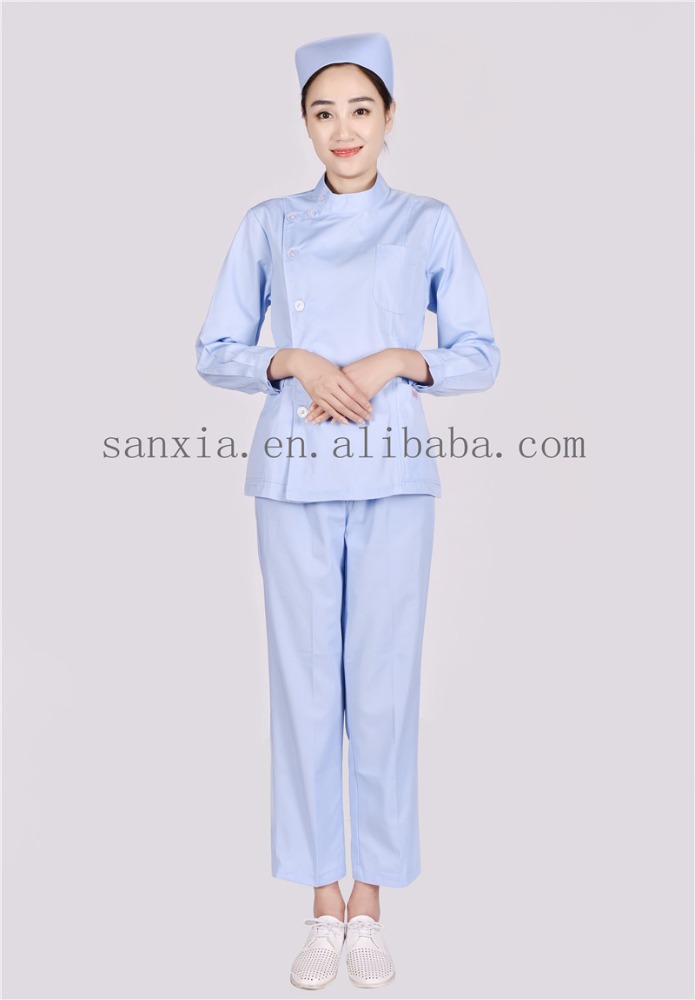 スカイブルースタンド襟長袖女性のナース制服-医療スタッフ制服問屋・仕入れ・卸・卸売り