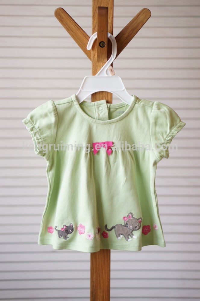 固体グリーン赤ちゃん服幼児ガールラウンドネックtシャツでかわいい刺繍-問屋・仕入れ・卸・卸売り