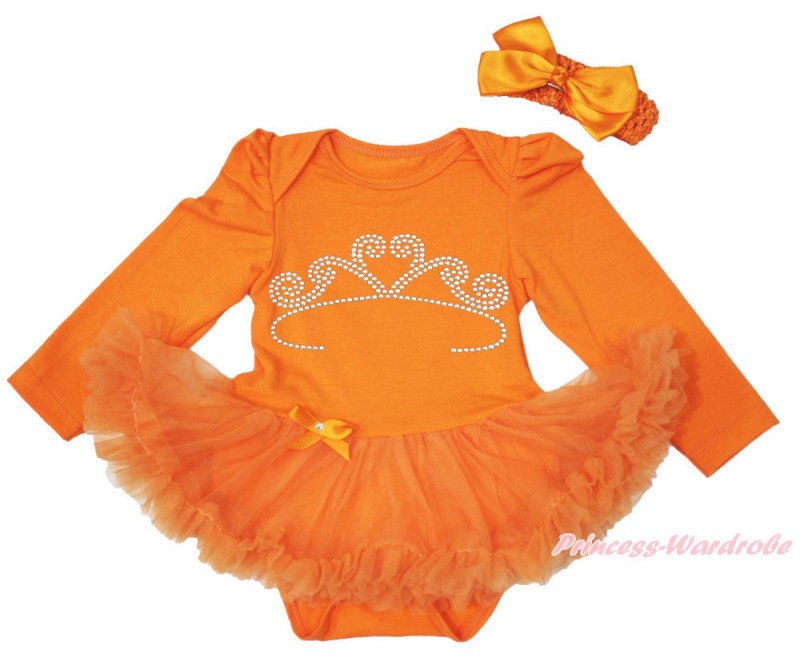 オレンジクイーンズ日長袖ボディスーツラインストーン王冠のベビードレスセットnb-18mの女の子のスカート-ベビードレス問屋・仕入れ・卸・卸売り